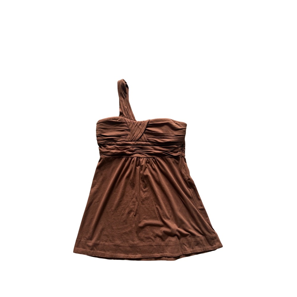 Azwell Brown One Shoulder Ruched Y2K Tunic Top Cotton Side Zip Womens Large - Picture 1 of 3